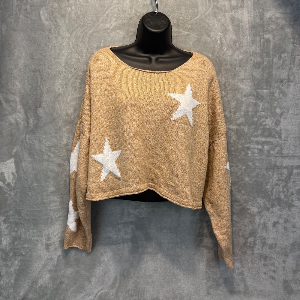 Shein Womens Large Tan Star‎ Print Cropped Oversized Knit Pullover Sweater L